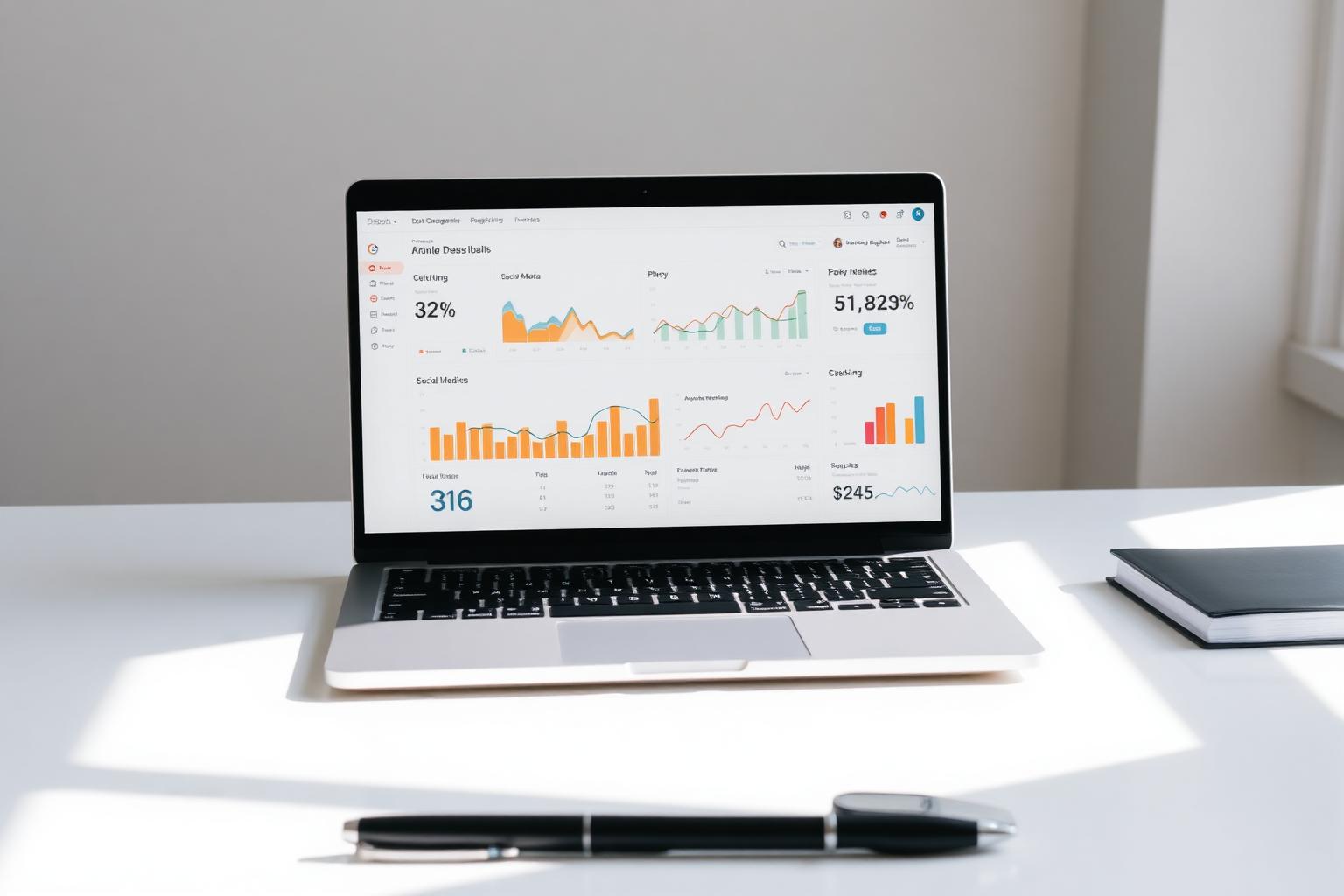 Laptop mostrando dashboard de analítica con redes sociales y gráficos